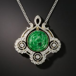 Edwardian Natural Burmese Jade Diamond Pendant Necklace - 1
