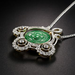 Edwardian Natural Burmese Jade Diamond Pendant Necklace