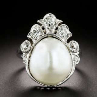 Edwardian Natural Freshwater Pearl and Diamond Ring - GIA - 2