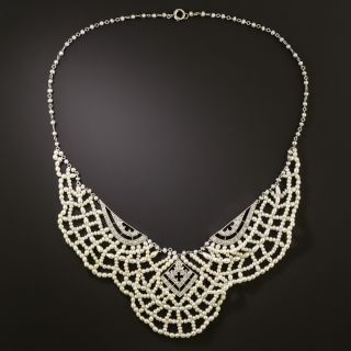 Edwardian Natural Pearl and Diamond Bib Necklace - GIA - 1