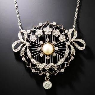 Edwardian Natural Pearl and Diamond Bow Necklace - 2