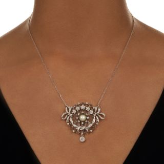 Edwardian Natural Pearl and Diamond Bow Necklace