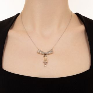 Edwardian Natural Pearl and Diamond Bow Necklace