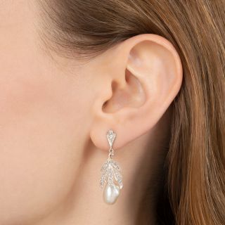 Edwardian Natural Pearl and Diamond Drop Earrings - GIA