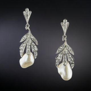 Edwardian Natural Pearl and Diamond Drop Earrings - GIA - 2