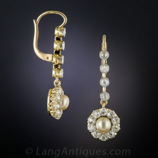 Edwardian Natural Pearl and Diamond Drop Earrings