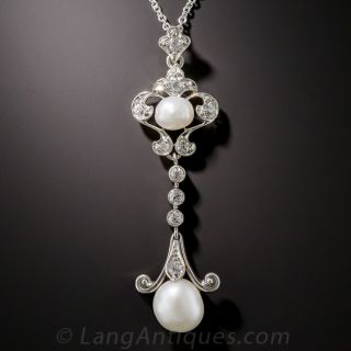 Edwardian Natural Pearl and Diamond Drop