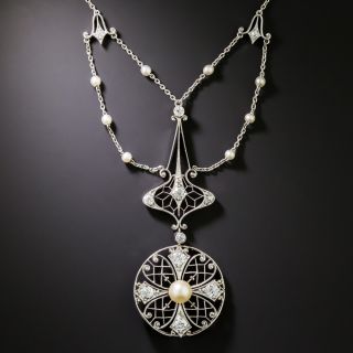 Edwardian Natural Pearl and Diamond Festoon Necklace - 2