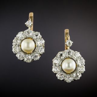 Edwardian Natural Pearl and Diamond Halo Earrings - GIA - 3
