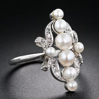 Edwardian Natural Pearl and Diamond Platinum Dinner Ring
