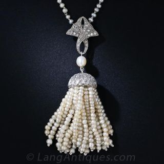 Edwardian Natural Pearl and Diamond Tassel Necklace