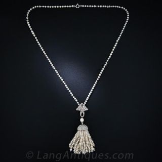 Edwardian Natural Pearl and Diamond Tassel Necklace