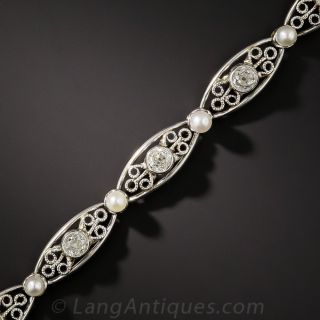 Edwardian Natural Pearl and Diamond  Bracelet