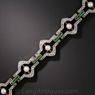 Edwardian Natural Pearl, Diamond and Emerald Bracelet