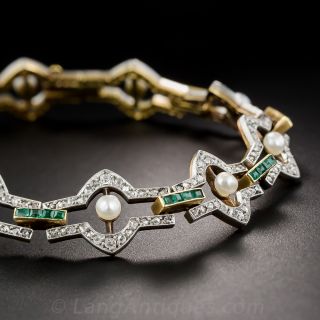Edwardian Natural Pearl, Diamond and Emerald Bracelet