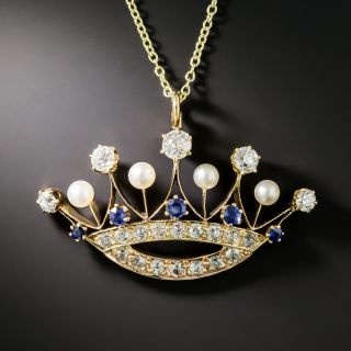 Edwardian Natural Pearl, Diamond and Sapphire* Crown Pendant - 3