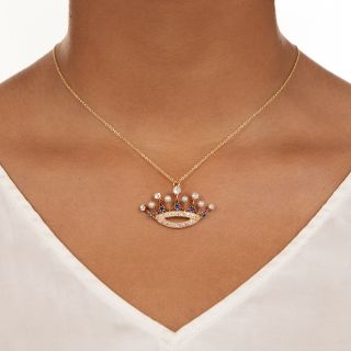 Edwardian Natural Pearl, Diamond and Sapphire* Crown Pendant
