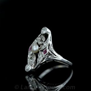 Edwardian Natural Pearl, Diamond and Synthetic Ruby Ring