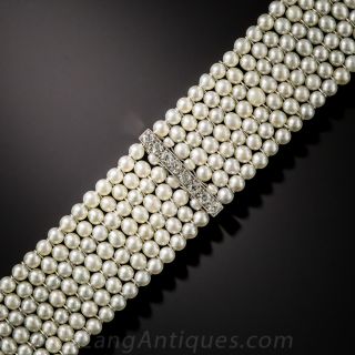 Edwardian Natural Pearl Mesh Bracelet with Diamonds
