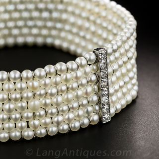 Edwardian Natural Pearl Mesh Bracelet with Diamonds