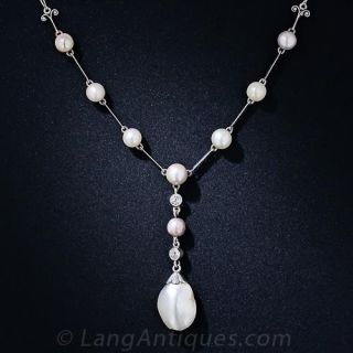 Edwardian Natural Pearl, Platinum and Diamond  Necklace