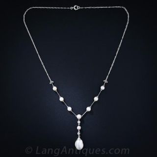 Edwardian Natural Pearl, Platinum and Diamond  Necklace