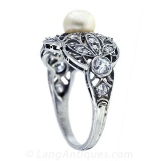 Edwardian Natural Pearl Ring with Diamonds