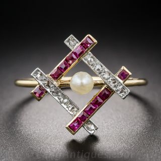 Edwardian Natural Pearl, Ruby and Diamond Ring