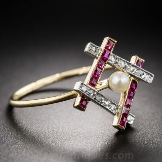 Edwardian Natural Pearl, Ruby and Diamond Ring