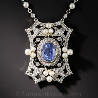 Edwardian Natural Sapphire, Diamond and Pearl Necklace