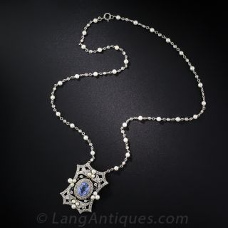 Edwardian Natural Sapphire, Diamond and Pearl Necklace