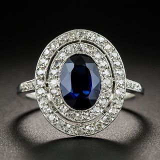 Edwardian Natural Sapphire Double Diamond Platinum Halo Ring - 1