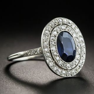 Edwardian Natural Sapphire Double Diamond Platinum Halo Ring 