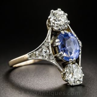 Edwardian No-Heat Ceylon Sapphire and Diamond Dinner Ring