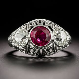 Edwardian No-Heat Ruby and Diamond Three-Stone Ring - GIA - 5