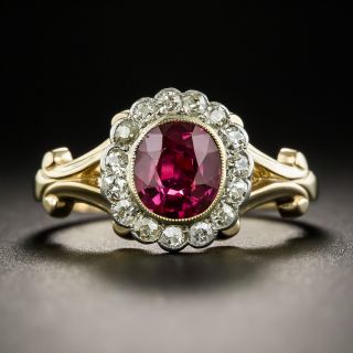 Edwardian No-Heat Thai Ruby Diamond Halo Ring - GIA - 1