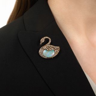 Edwardian Opal and Diamond Swan Brooch