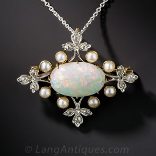 Edwardian Opal, Pearl, and Diamond Necklace/ Brooch - 1