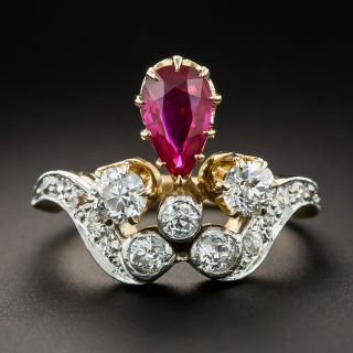 Edwardian Pear-Shaped No-Heat Burma Ruby and Diamond Ring - 2