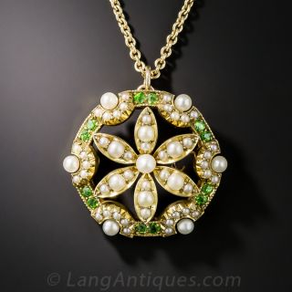 Edwardian Pearl and Demantoid Garnet Flower Pendant