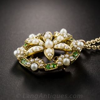 Edwardian Pearl and Demantoid Garnet Flower Pendant