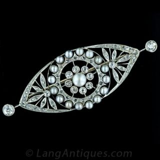 Edwardian Pearl and Diamond Platinum Brooch Main View