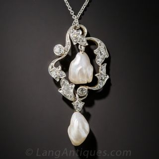 Edwardian Pearl, Diamond and Platinum Pendant Necklace