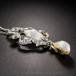 Edwardian Pearl, Diamond and Platinum Pendant Necklace