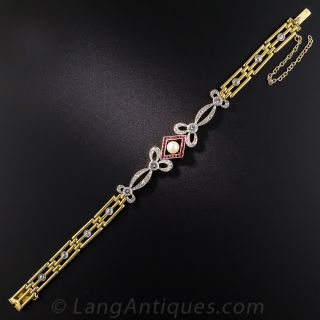 Edwardian Pearl, Ruby and Diamond (and Colorless Spinel) Bracelet