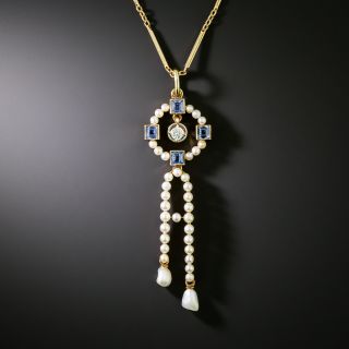 Edwardian Pearl, Sapphire and Diamond Drop - 1