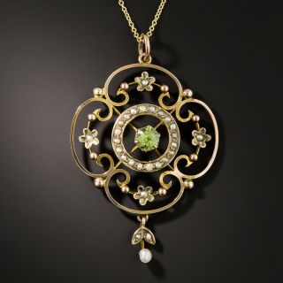 Art Nouveau Yellow Gold Green Peridot and Pearl Necklace - 2