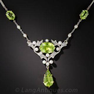Edwardian Peridot, Diamond  and Pearl Necklace
