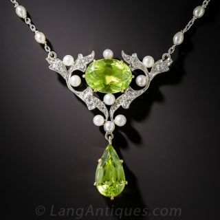 Edwardian Peridot, Diamond  and Pearl Necklace
