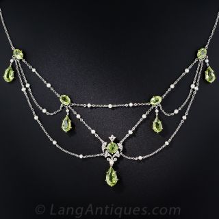 Edwardian Peridot, Diamond and Pearl Necklace - 1
